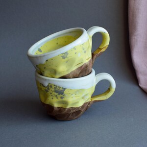 Pottery Coffee Cup, Yellow and White Ceramic Mugs, Stoneware Rustic Ceramic Coffee Cup, Vegan Pottery, Housewarming Gift image 2