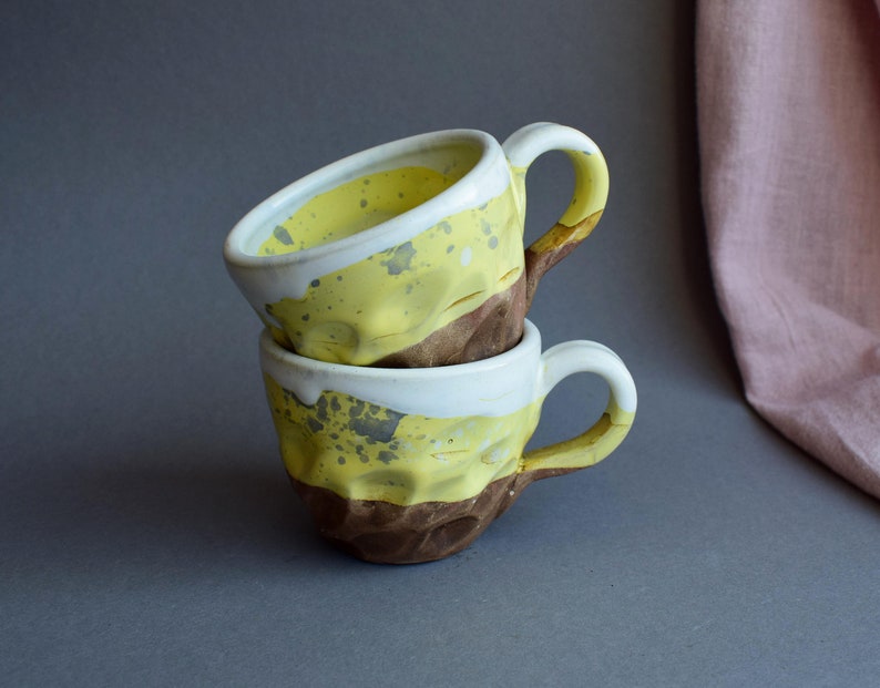 Pottery Coffee Cup, Yellow and White Ceramic Mugs, Stoneware Rustic Ceramic Coffee Cup, Vegan Pottery, Housewarming Gift image 2