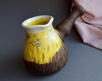 Yellow Brown Rustic Coffee-pot, Ceramic Cezve, Clay Coffee Turk, Strong Coffee Maker, Best Friend Gift