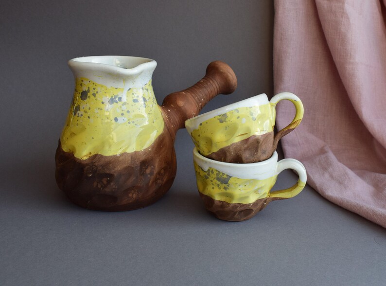 Pottery Coffee Cup, Yellow and White Ceramic Mugs, Stoneware Rustic Ceramic Coffee Cup, Vegan Pottery, Housewarming Gift image 6