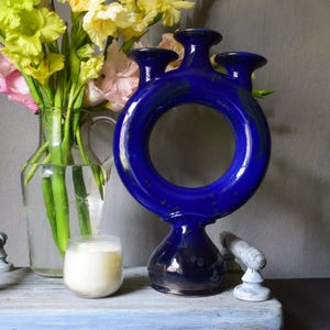 Ceramic Trinity Candlestick, Blue Candleholder,  Minimal Pottery Candlestick Holder, Decor for the interior