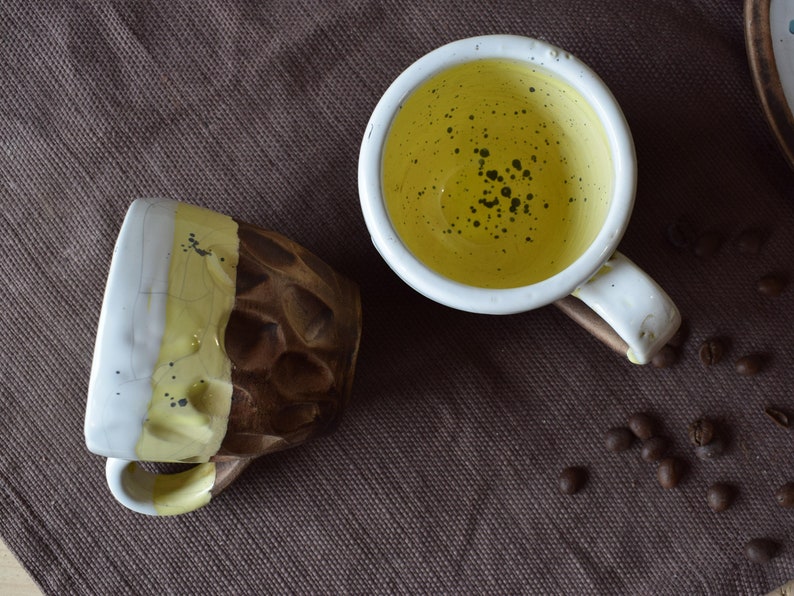 Pottery Coffee Cup, Yellow and White Ceramic Mugs, Stoneware Rustic Ceramic Coffee Cup, Vegan Pottery, Housewarming Gift image 10