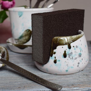 Handmade Ceramic Kitchen Organizer Set: Sponge & Spoon Holder