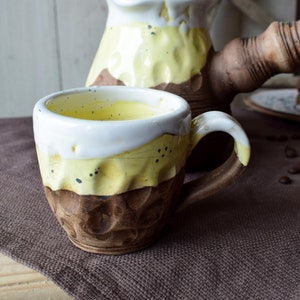 Pottery Coffee Cup, Yellow and White Ceramic Mugs, Stoneware Rustic Ceramic Coffee Cup, Vegan Pottery, Housewarming Gift image 8