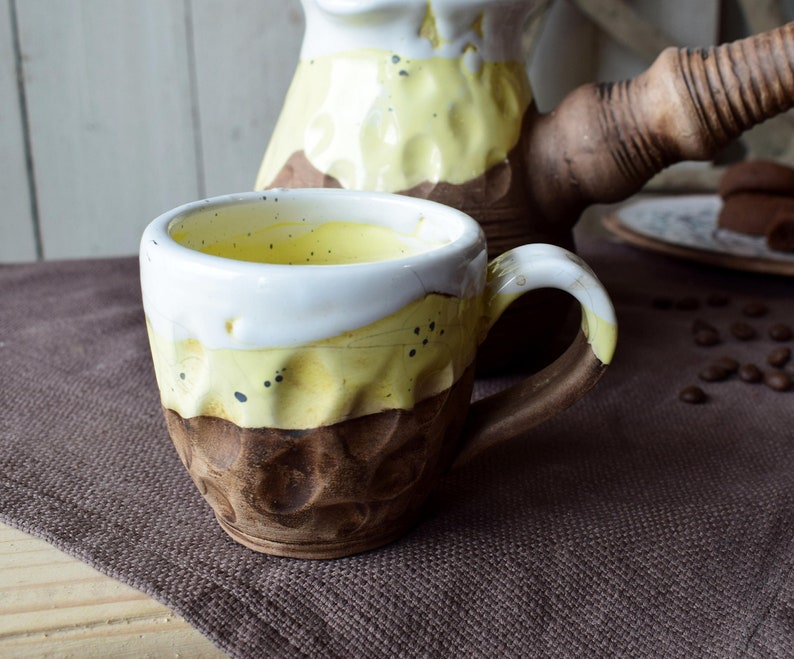 Pottery Coffee Cup, Yellow and White Ceramic Mugs, Stoneware Rustic Ceramic Coffee Cup, Vegan Pottery, Housewarming Gift image 8