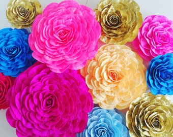 10 Large crepe Paper Flowers Wall decor, Pink Purple Gold, Nursery Princess Party Decorations, Baby Bridal Shower Birthday Mehndi Indian Eid