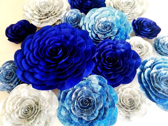 Royal Blue Silver Navy Cobalt large Paper Flower wall decor winter wonderland party boy Prince Baptism baby shower backdrop Wedding birthday Il_570xn