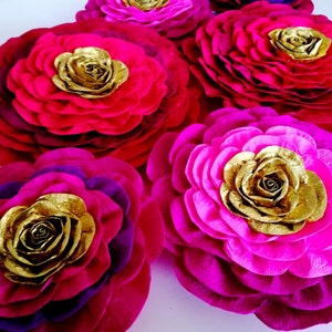 10 Large Paper Flowers, Red Purple Gold Magenta, Wall Backdrop, Moroccan, Arabia night party decoration Baby bridal shower birthday Hindu