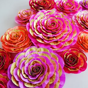 10 Large Paper Flowers, Red Purple Gold Magenta, Wall Backdrop, Moroccan, Arabia night party decoration Baby bridal shower birthday Hindu