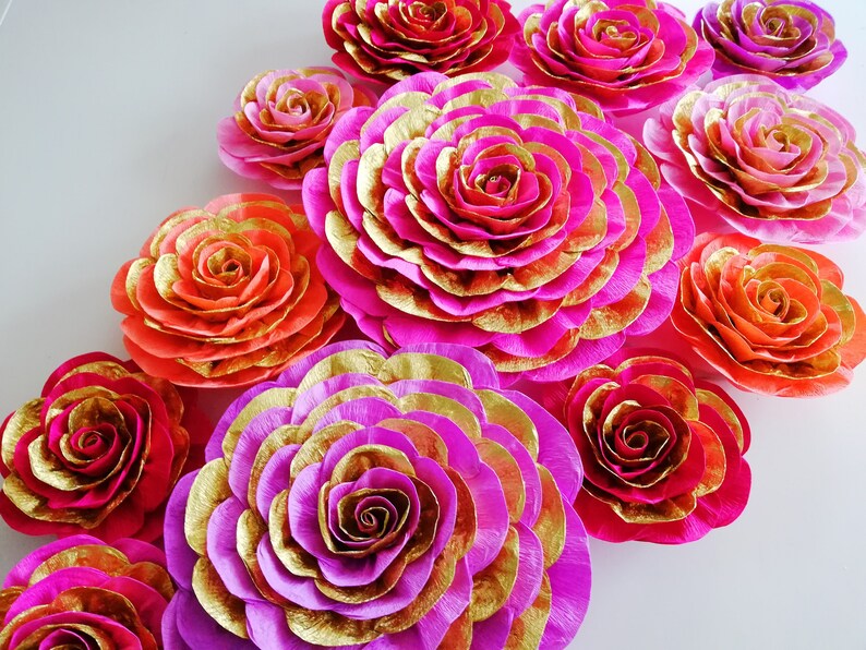 10 Large Paper Flowers, Red Purple Gold Magenta, Wall Backdrop, Moroccan, Arabia night party decoration Baby bridal shower birthday Hindu