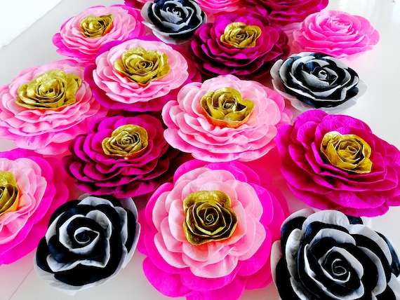 12 Pink Gold large Paper Flowers Wall Decor Bridal Kate Photo Spade Backdrop girls Baby Shower Party woman birthday sweet 16 prom graduation Il_570xn