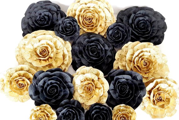 12 large Paper Flower Gold Black Wall Anniversary Birthday Gatsby Decor Weding Gold Backdrop Party Bridal Shower Baby Graduation sweet 16 Il_570xn