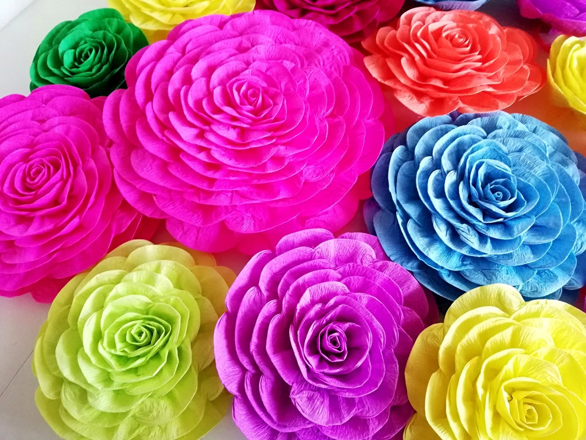 12 Large Paper Flowers Bright Mexican Fiesta Colorful Moana Etsy