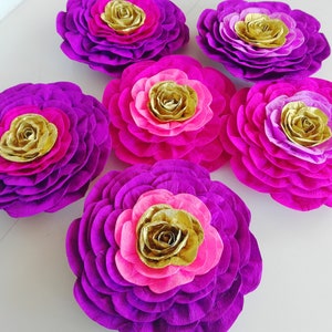 10 Large Paper Flowers, Red Purple Gold Magenta, Wall Backdrop, Moroccan, Arabia night party decoration Baby bridal shower birthday Hindu