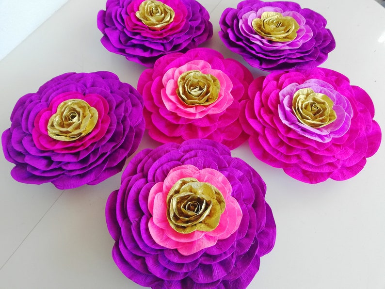 10 Large Paper Flowers, Red Purple Gold Magenta, Wall Backdrop, Moroccan, Arabia night party decoration Baby bridal shower birthday Hindu