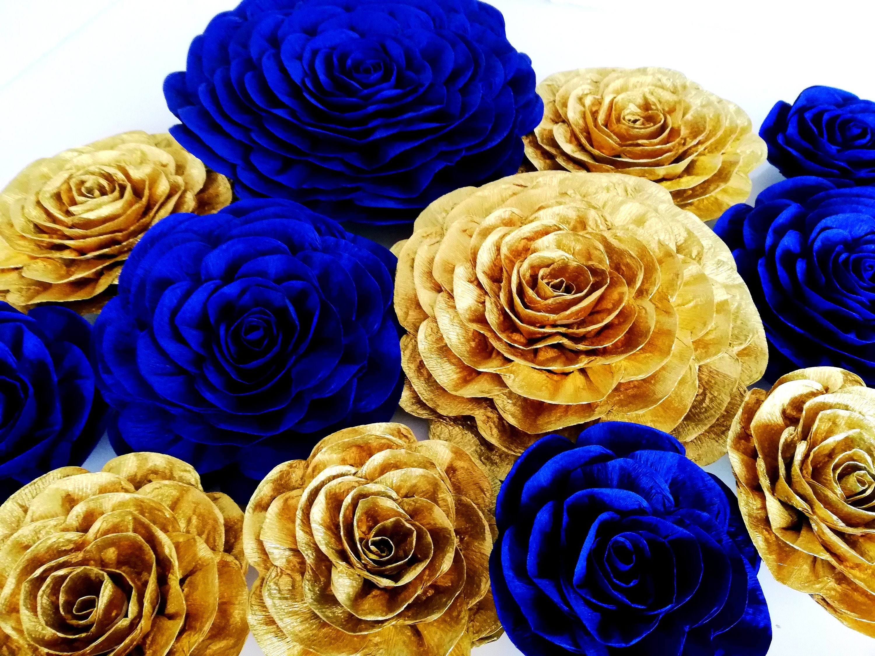 12 Navy Gold Royal Blue, Large Paper Flowers Wall Decor, Cobalt Prince