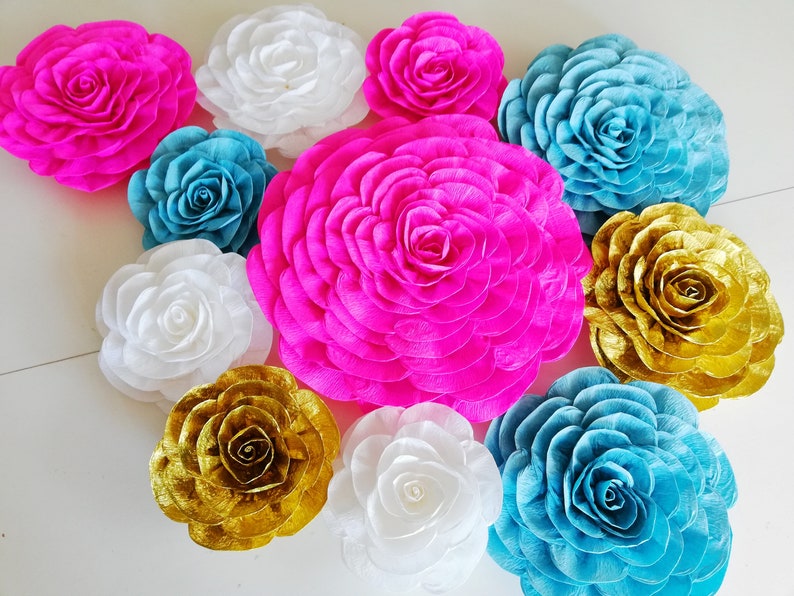 12 Pink Gold Teal Large Paper Flowers wall decor backdrop Etsy