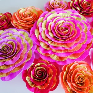 10 Large Paper Flowers, Red Purple Gold Magenta, Wall Backdrop, Moroccan, Arabia night party decoration Baby bridal shower birthday Hindu