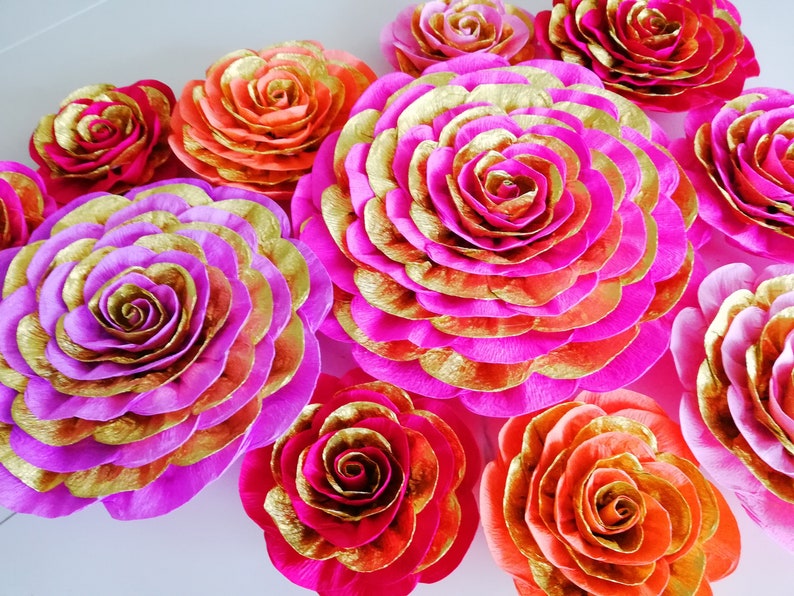 10 Large Paper Flowers, Red Purple Gold Magenta, Wall Backdrop, Moroccan, Arabia night party decoration Baby bridal shower birthday Hindu