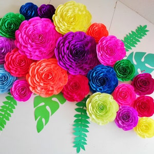 12 large Paper Flowers wall decor bright mexican fiesta Colorful moana rainbow Tropical Cinco Mayo party decor baby bridal shower birthday