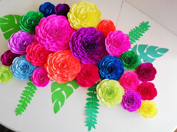 12 large Paper Flowers wall decor bright mexican fiesta Colorful moana rainbow Tropical Cinco Mayo party decor baby bridal shower birthday Il_570xn