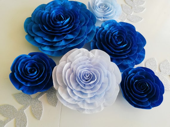 Navy Cobalt Royal Blue Silver large Paper Flowers wall decor, party decoration boy Prince Baptism, boy baby shower Wedding backdrop birthday Il_570xn
