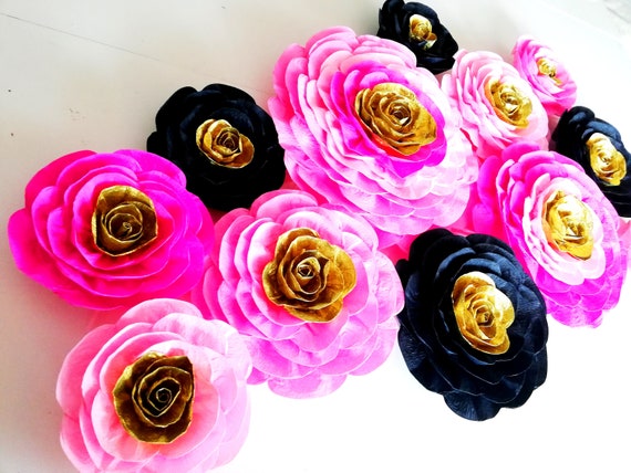 Nursery White hot pink gold, large Paper Flowers Wall Decor, Kate, Bridal, Spade, Baby Shower decor, sweet 16 Pink Party decoration backdrop Il_570xn