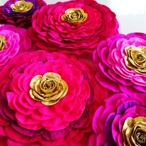 10 Large Paper Flowers, Red Purple Gold Magenta, Wall Backdrop, Moroccan, Arabia night party decoration Baby bridal shower birthday Hindu