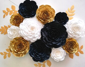 gold Black white, large Paper Flowers, Wall Decor, Woman birthday man, Photo backdrop Party Bridal Shower Baby Graduation gold paris Wedding