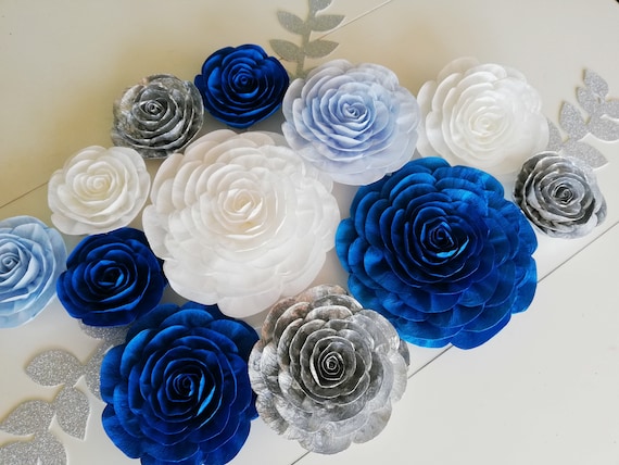 white baby Blue Silver, large Paper Flower wall decor, winter wonderland party Baptism boy baby shower backdrop Wedding, birthday, Passover Il_570xn
