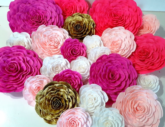 Large Paper Flowers wall decor, Blush Pink Gold White, girl Nursery Wall Decoration Party Bridal Shower Baby , dessert table backdrop Il_570xn