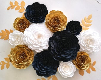 Gold Black white large Paper Flowers, Nursery Wall Decor, Weding Photo backdrop Party, Bridal Shower Baby Graduation, gold paris sweet