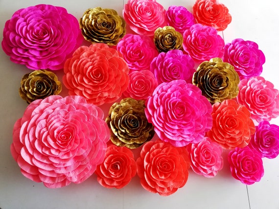 10 Large Paper Flowers, Wall decor, pink Gold Orange Magenta, Backdrop Moroccan, Arabia night party decor, Baby bridal shower birthday Hindu Il_570xn