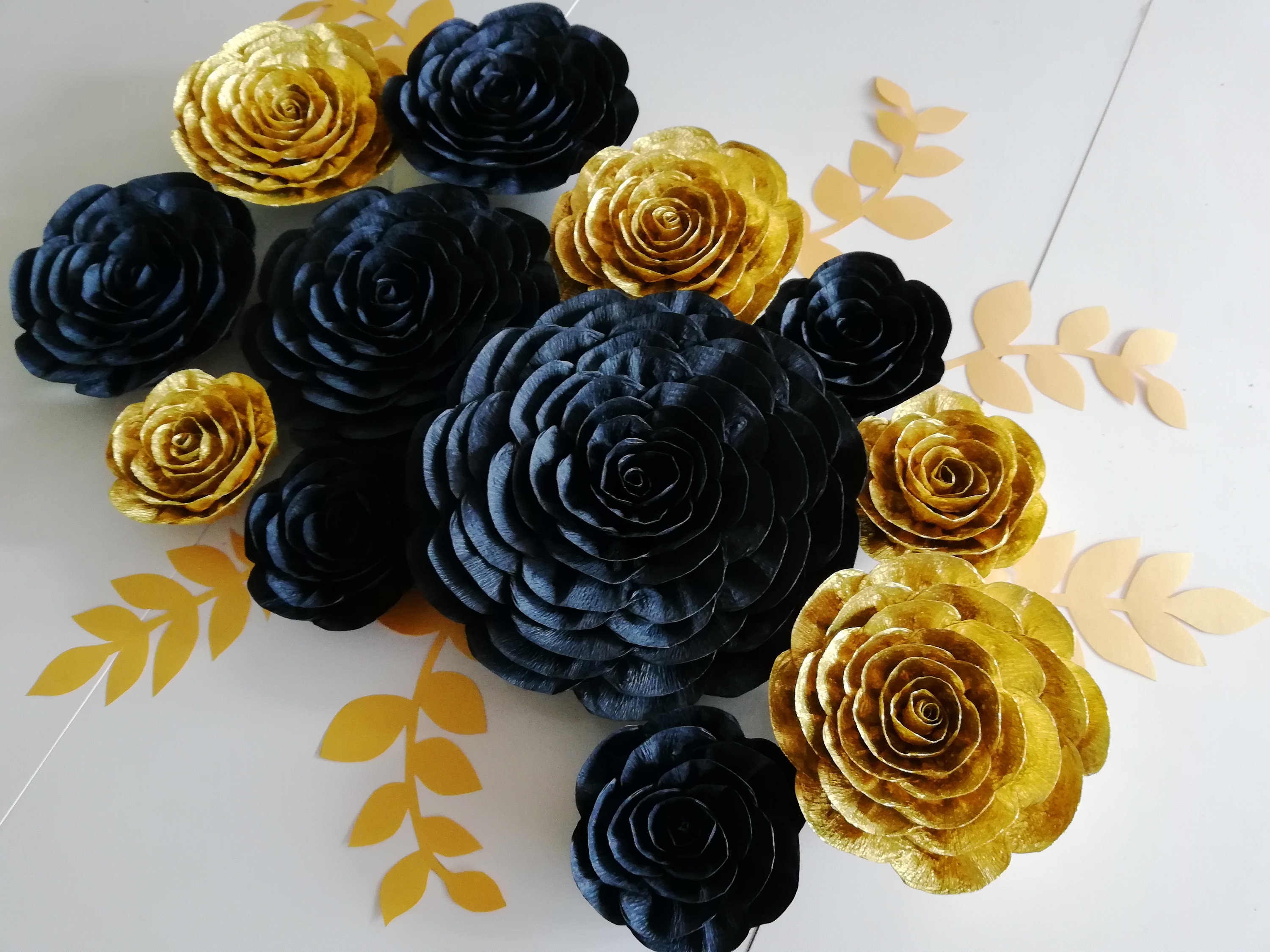 Fonder Mols 3D Paper Flower Decorations(Set of 13, White Black Gold), Giant Paper  Flowers for Wedding Backdrop, Graduation