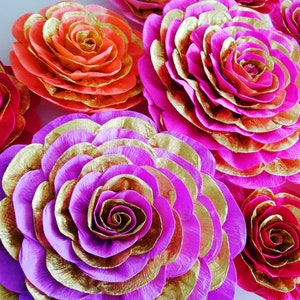 10 Large Paper Flowers, Red Purple Gold Magenta, Wall Backdrop, Moroccan, Arabia night party decoration Baby bridal shower birthday Hindu