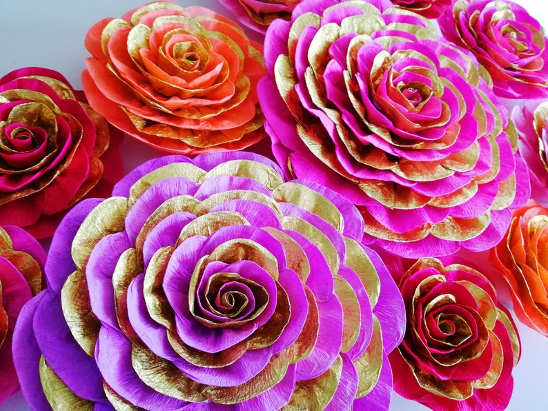 10 Large Paper Flowers, Red Purple Gold Magenta, Wall Backdrop, Moroccan, Arabia night party decoration Baby bridal shower birthday Hindu