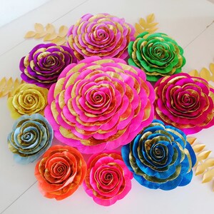 10 Large Paper Flowers, Red Purple Gold Magenta, Wall Backdrop, Moroccan, Arabia night party decoration Baby bridal shower birthday Hindu