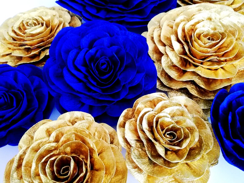 12 Large Paper Flowers Wall Decor Gold Navy Royal Blue Cobalt Etsy