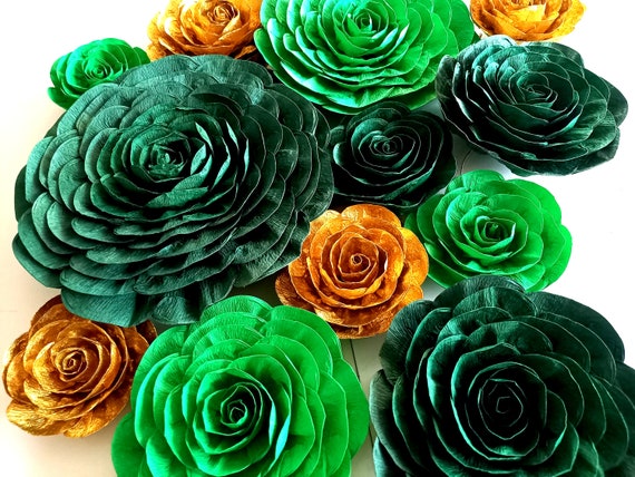 Green emerald Gold, large Paper Flowers, Wall Decor, Graduation, table safari, Bridal Shower, Irish Baby backdrop emerald Gold Wedding Party Il_570xn
