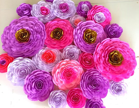 12 large Paper Flowers, encanto, isabela, Decor, Wedding, Pink Gold White Magenta Purple, Party Moroccan Bridal Shower Baby backdrop Sangeet Il_570xn