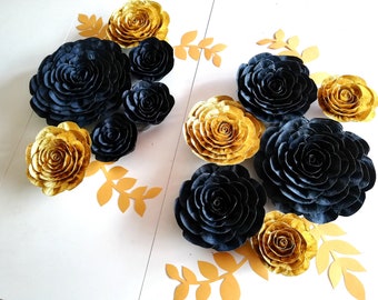 12 gold Black white, large Paper Flowers Wall Decor, Wedding Photo backdrop, man birthday woman, Party Bridal Shower, gold Graduation paris