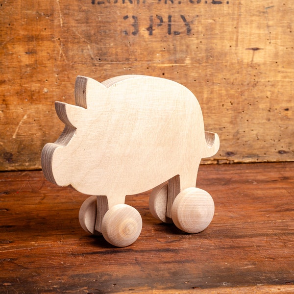 Wooden Toy Pig on Wheels DIY Crafting Painting Decoupage | Handmade Farmyard Animal Blank Figurine | Christmas Gift Personalized Toy Kids