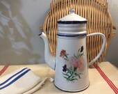 Vintage French Carnation Flower Enamelware Stove Top Coffee Maker, Enamel Pot Cafetiere, Decorated Enamel Coffee Pot, French Enamelware.