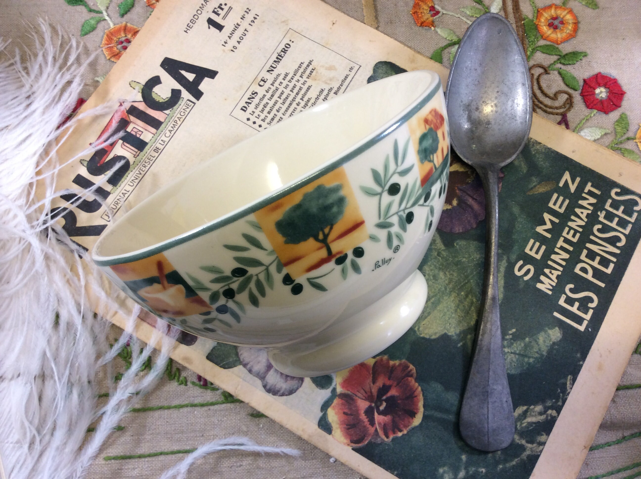 1 Marc Palluy Olive Tree Cafe Au Lait Bowl, Français Breakfast Bowl, Provence Decor Farm Decorated C