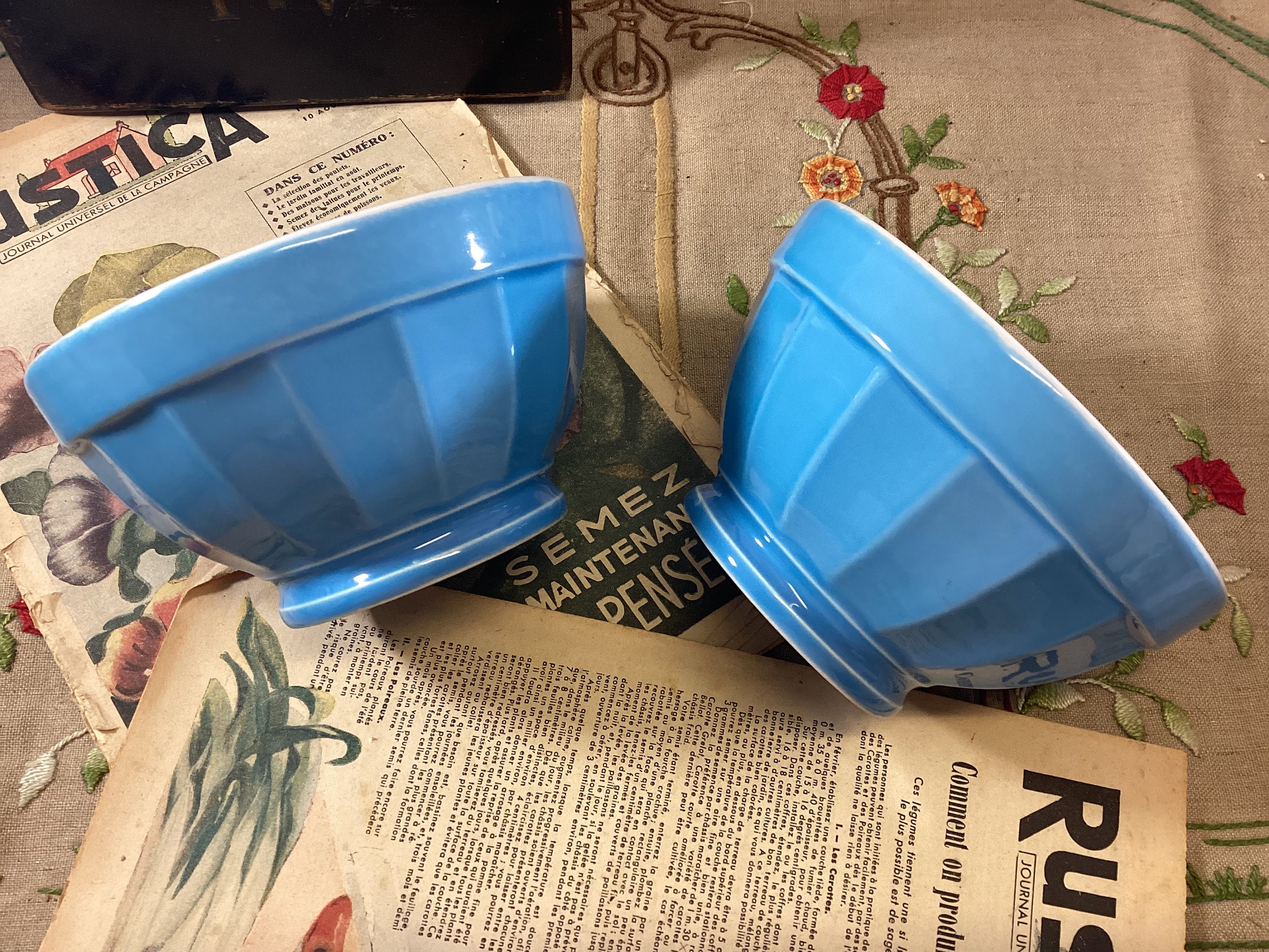 Set of 2 Sky Blue Ceramic Made in Italy Cafe Au Lait Bowls