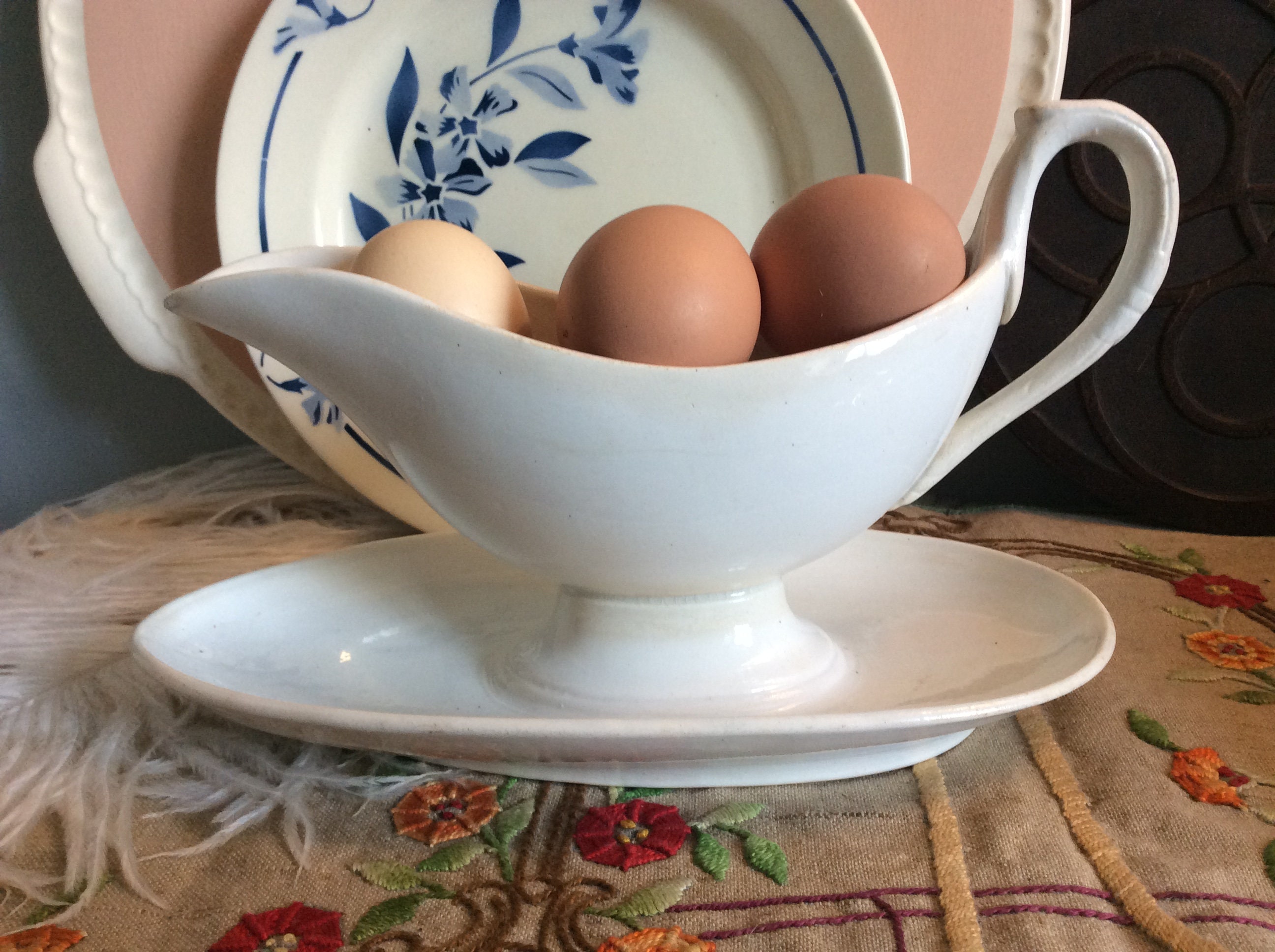 Français Antique Hamage Nord White Gravy Boat, Elegant Sauce Boat Des Années 1900, Saint Amand Nord