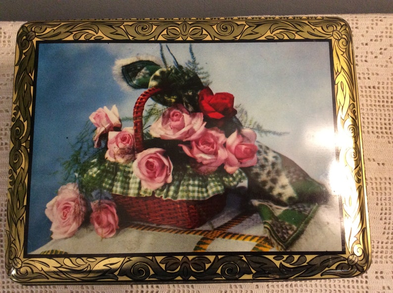 Roses Decorated Embellished Tin Box Old Collectors Metal Sweet box Vintage French Embellished Tin Chocolate box