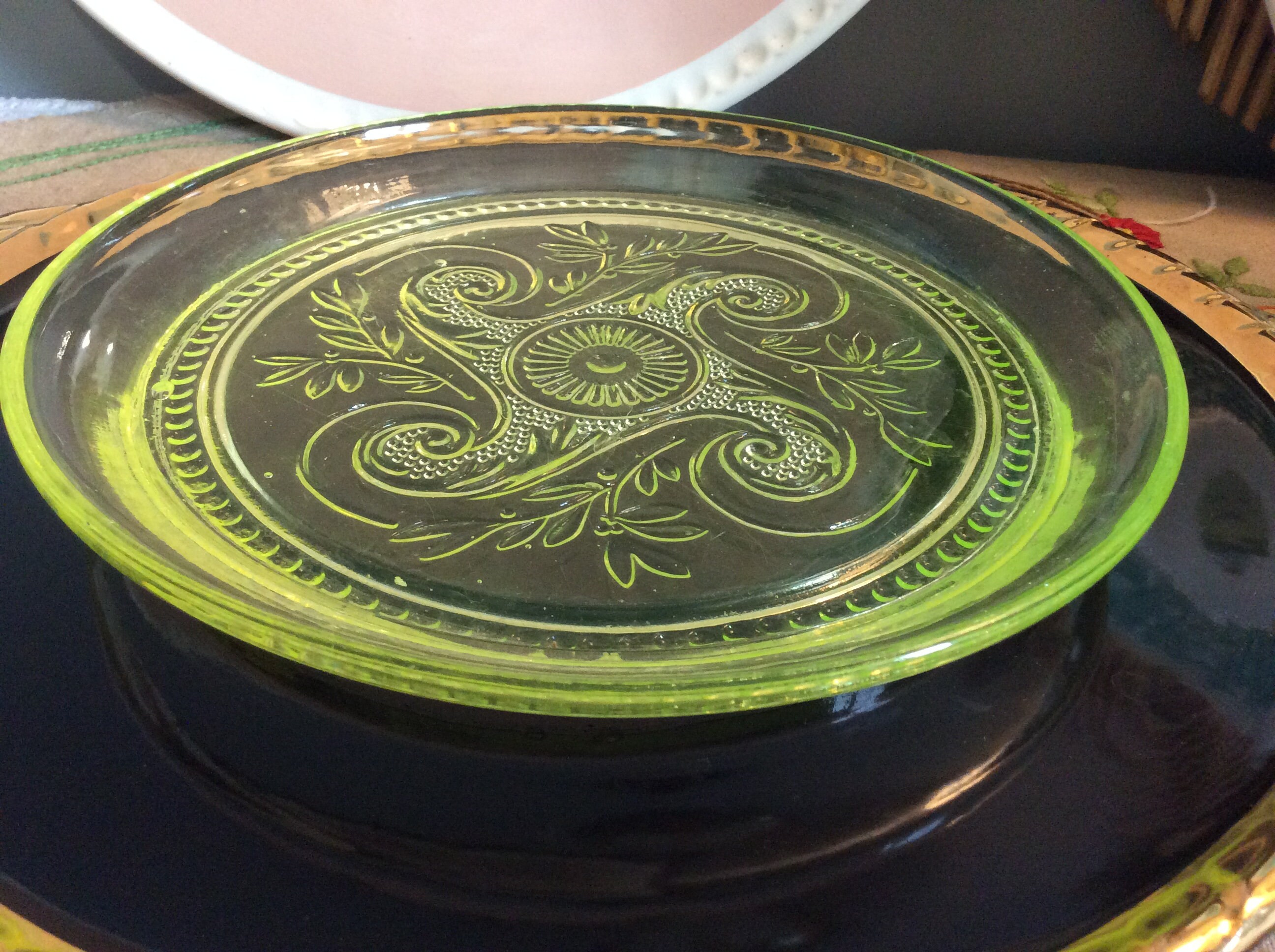 Vintage Pressed Glass Bright Acidic Green Round Dish, Acid Greeny Yellow Shallow Plate, Celtic Cross