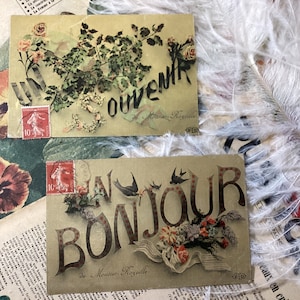 Set di 2 cartoline francesi antiche risalenti al 1907, cartolina francese con rondini, cartoline antiche decorative, parole francesi Bonjour