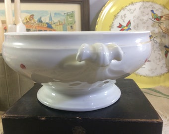 French Antique Small White Porcelain Tureen, Antique White Soup Tureen, Distressed White French Tureen